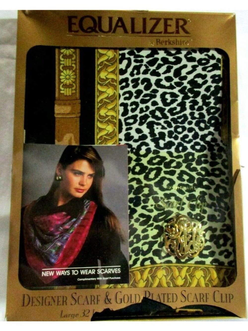 Equalizer Berkshire Scarf & Brooch/Scarf Clip Leopard Print w/Gold 32" NIB Italy